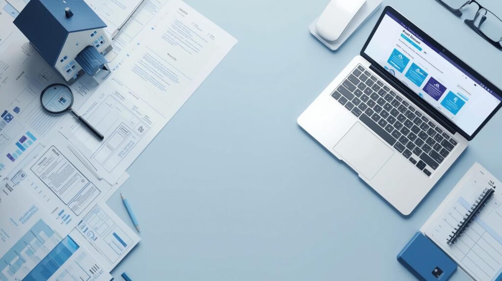 Real estate title search services concept with property research and legal documents