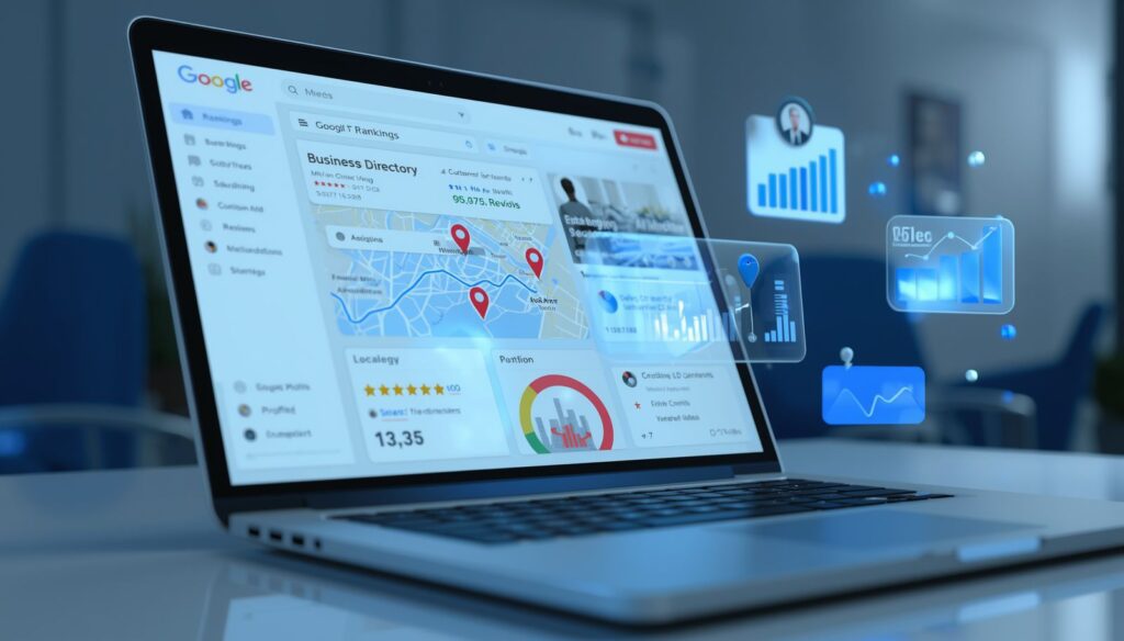 Local SEO analytics dashboard with business listings and Google Maps ranking data on laptop screen